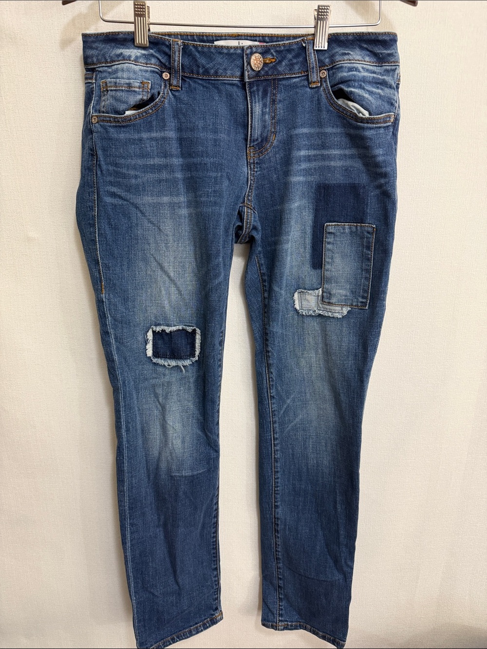 CAbi Boyfriend Jeans in Distressed Medium Blue Patchwork